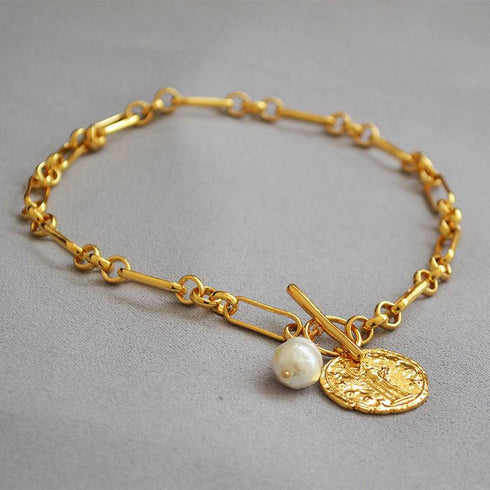 Baroque Pearl Gold Roman Arc Coin Necklace